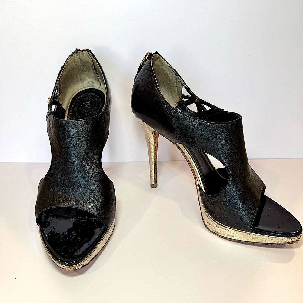 Christian Dior Lolita Black Leather Cutout Open Toe Sandal W Silver Heel Sz 38.5